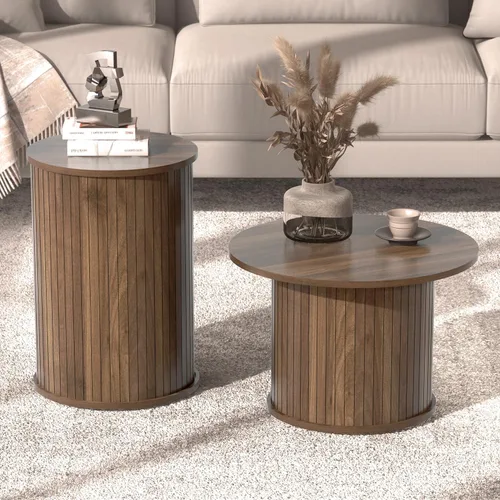 Vista 7 de Juego de 2 mesas auxiliares redondas anidables para sala de estar, círculo acanalado de madera de nogal y juegos de mesa auxiliar para apartamentos