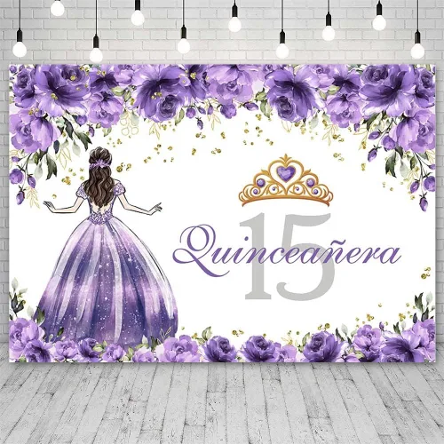 Vista 7 de Sendy Telón de fondo de quinceañera de 15 cumpleaños para niñas, vestido azul, corona de princesa, fondo de fotografía, flores azules y zapatos