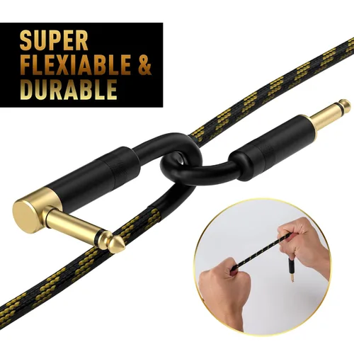 Vista 4 de Cable de guitarra de 4 pies/paquete de 2 - Ángulo recto + recto a recto, cable para instrumentos - nylon trenzado chapado en oro - 90 grados, 1/4