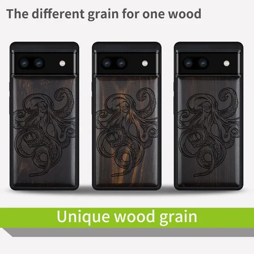Vista 7 de Carveit Funda de madera para Pixel 6a [madera natural y TPU suave negro] a prueba de golpes, diseño único de madera compatible con Google Pixel 6a