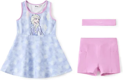 Vista 8 de Disney Frozen Elsa Princess Stitch Minnie - Vestido de tenis para niñas, sin mangas, con pantalones cortos, bolsillo y diadema, 2-9 años