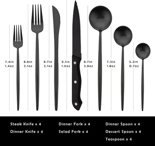 Vista 2 de Juego de cubiertos de 28 piezas con cuchillos para carne, cubiertos de acero inoxidable 18/8, juego de cubiertos modernos para 4 tenedores de Negro