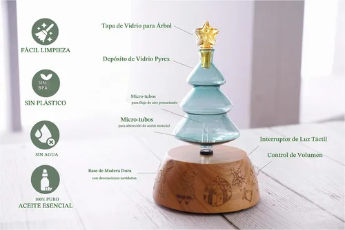 Vista 3 de Difusor de aromaterapia de árbol de Navidad de aromas orgánicos para aceite esencial, nebulizador de vidrio sin agua con interruptor de apagado