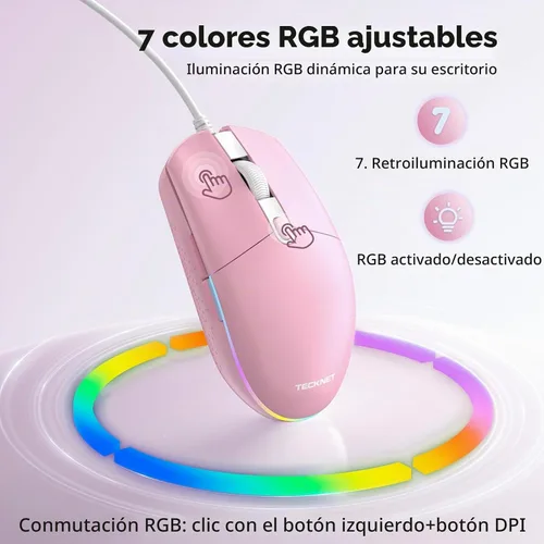 Vista 4 de TECKNET Ratón con cable con retroiluminación RGB, ratón de tamaño completo Rosa