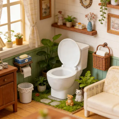 Vista 4 de Garneck Mini inodoro de juguete para casa de muñecas, figura de baño en miniatura, modelo de inodoro pequeño, decoración de adorno de jardín de hadas