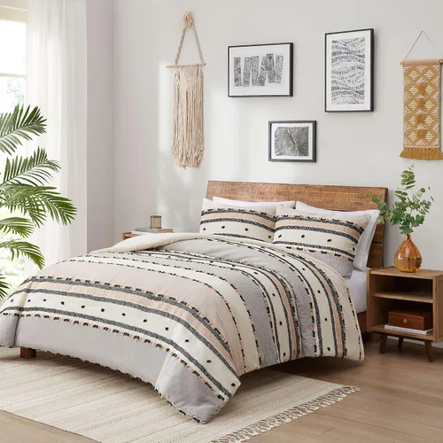Vista 3 de Hyde Lane Juego de edredón bohemio tamaño Queen, ropa de cama moderna tamaño Full estilo casa de campo, parte superior de algodón con rayas jacquard