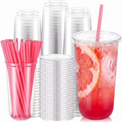 Vista 18 de Ziliny Juego de 50 vasos de plástico de paja negra con pajitas y tapas en forma de corazón, tazas desechables para café helado, mascotas
