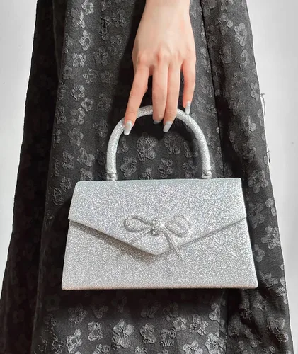 Vista 6 de Bolso de noche para mujer, con lazo brillante, bolso de mano para boda, fiesta, monederos con diamantes de imitación con purpurina para cóctel