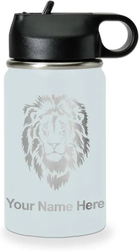 Vista 75 de LaserGram Botella de agua personalizada, cabeza de león, acero inoxidable de doble pared aislada al vacío con popote superior, regalo grabado
