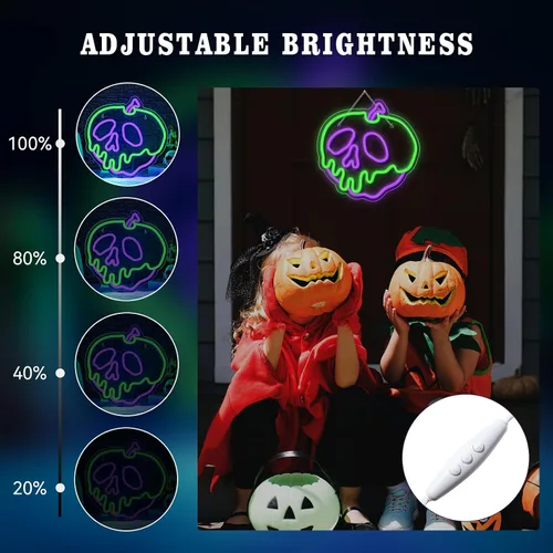 Vista 5 de WLHOPE Letrero de neón de Halloween regulable con calavera, manzana, para decoración de pared, luces LED de Halloween, conectividad USB, luces LED