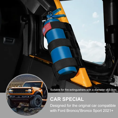 Vista 2 de Jimen Soporte para extintor de incendios Bronco, paquete de 2 correas de montaje para extintor de incendios de barra antivuelco compatibles con Ford