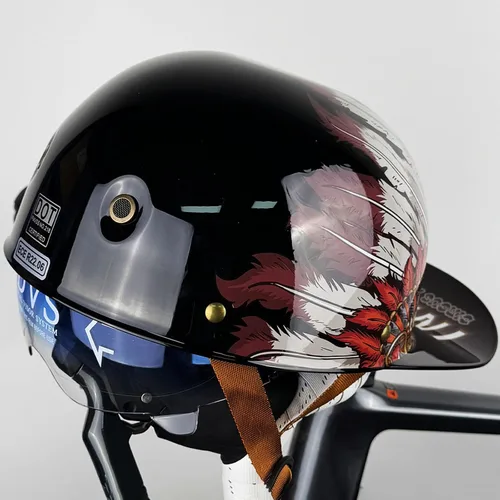 Vista 13 de Casco de motocicleta de cara abierta vintage, gorra de béisbol retro, aprobada por DOT, para hombres y mujeres y adultos, media carcasa con visera