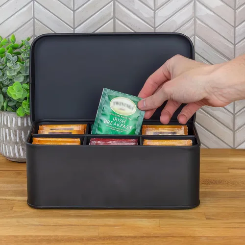 Vista 2 de AuldHome Design Caja de Bolsitas de Té Enlozada (Negro), Lata de Almacenamiento de Té de Estilo Clásico y Elegante