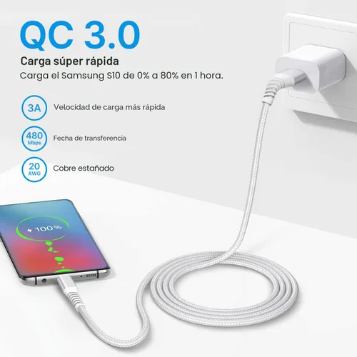 Vista 3 de Cable USB tipo C de 6 pies, paquete de 2 cables de carga rápida USB C, cable de teléfono para Samsung Galaxy A01 A02s A03s A10e A11 A12 A13 A14 A20
