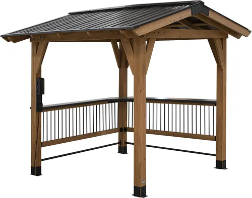 Vista 2 de Backyard Discovery Granada - Pabellón de madera de cedro para parrilla BBQ de 10' x 9' con techo rígido de acero galvanizado, barras superiores