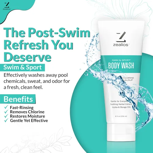 Vista 2 de Zealios Swim & Sport Gel de baño para nadadores y atletas de 8 onzas, solución para el cuidado de la piel para hombres y mujeres, elimina el cloro