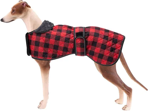 Vista 11 de Geyecete Abrigo impermeable para perro Greyhound Whippet Lurcher con forro polar cálido en el interior, ropa para perros al aire libre con bandas