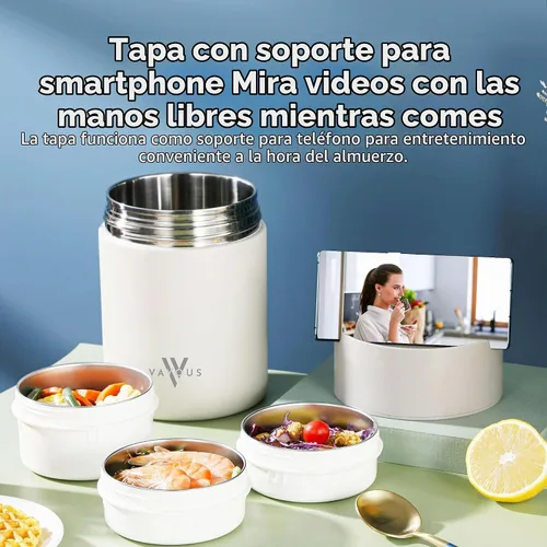 Vista 5 de Tarro de alimentos aislado de 60 onzas con tapa para sostener el teléfono – Lonchera de acero inoxidable con 3 compartimentos – Bento térmico a