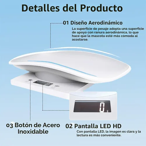 Vista 5 de Báscula digital para mascotas, báscula electrónica LCD con bandeja, máx. 33