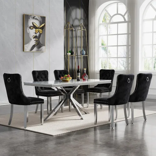Vista 68 de Juego de 5 mesas de comedor, juego de mesa de cocina y comedor para 4, mesa de cocina rectangular de mármol sintético blanco de 47 pulgadas con base