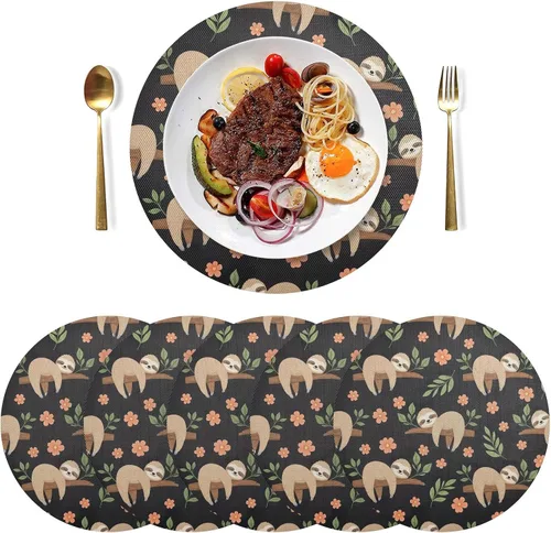 Vista 3 de Cute Sloths Black Round Placemat, Washable Heat Protecting Placemats for Kitchen one sizex1
