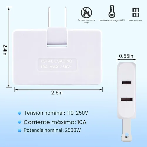 Vista 2 de Paquete de 3 extensores de toma de corriente de pared plana de CA, adaptador de enchufe plano, adaptador de pared plegable de 3 vías, enchufe Blanco