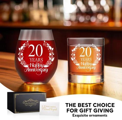 Vista 6 de Perfectinsoy Juego de regalo de copa de whisky sin tallo, 20 años de feliz aniversario, regalo de boda para mamá, papá, alma gemela, pareja, regalos