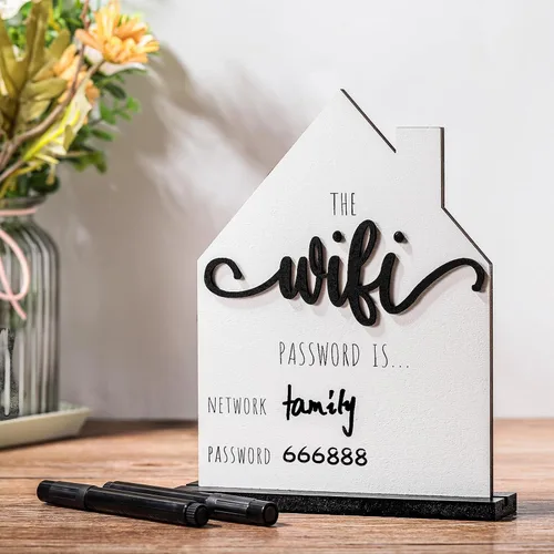 Vista 8 de Letrero de Contraseña con Patrón WiFi para Invitados del Hogar Mesa de Madera Letrero con Patrón WiFi de Madera con Tablero Pluma Borrable Pizarra