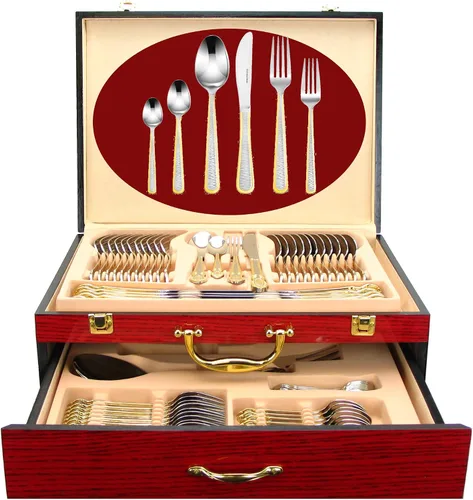 Vista 7 de Juego de cubiertos de lujo de 75 piezas para 12 con estuche de almacenamiento de madera, servicio de cubiertos de comedor de alta calidad, cubiertos
