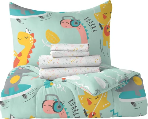 Vista 132 de Dream Factory Dinosaur Blocks - Juego de edredón de microfibra ultrasuave para niños, color azul, tamaño individual Bloques de dinosaurios azules