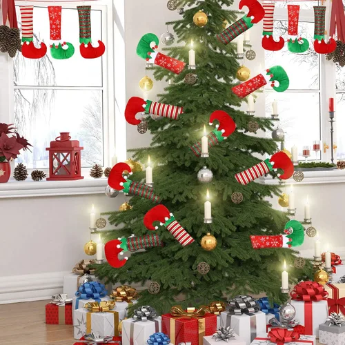 Vista 6 de 6 patas de elfo de Navidad, púa de botas, rayas con purpurina, patas rellenas de elfo con alambre fijo, decoraciones colgantes para árbol