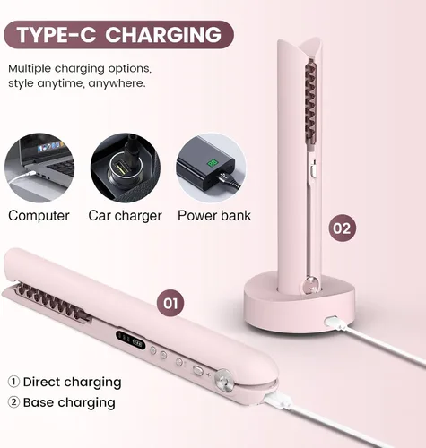 Vista 12 de Plancha sin cable, mini alisador de pelo y rizador para llevar (rosa)