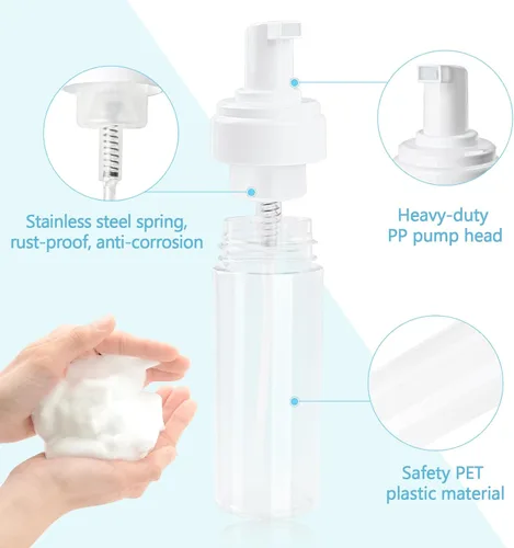 Vista 7 de Botella de espuma vacía transparente de 5.1 onzas líquidas, botella de espuma de viaje para jabón, champú, botella dispensadora de espuma
