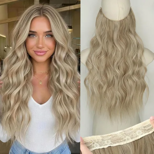 Vista 14 de KooKaStyle - Extensiones de cabello con hilo invisible, diadema transparente, ajustables, 4 clips fijadores, cabello largo y ondulado de 12