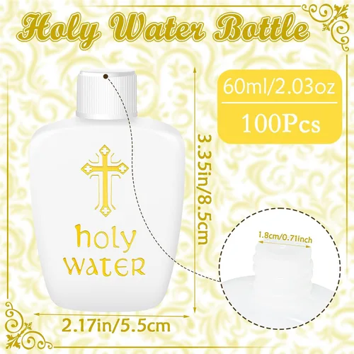 Vista 2 de 100 botellas de agua bendita de plástico de 2 onzas, recipientes vacíos con cruz dorada para católicos, cristianos, Halloween, primera comunión