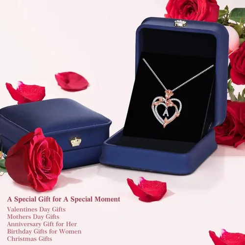 Vista 7 de Iefil Collar de corazón rosa para mujer, plata de ley 925, collar con letra inicial de corazón rosa para mujer, joyería para el día de San Valentín