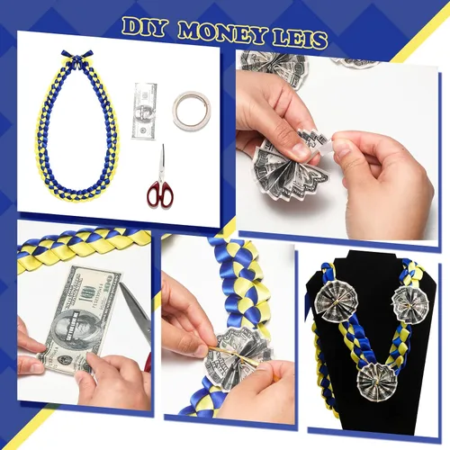 Vista 6 de Jexine Collar trenzado doble con lazo de graduación 2025 Lei y Kukui Nut Graduation Money Lei con lazo para regalo
