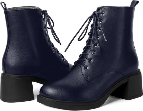 Vista 6 de ROSERWISH Botas altas de tacón bajo y grueso para mujer, con cordones, cómodas, modernas, con puntera redonda, de 2.5 pulgadas