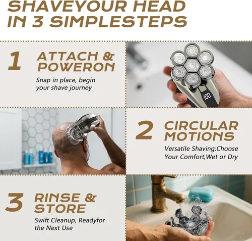 Vista 7 de Afeitadoras de cabeza 7D para hombres calvos, maquinilla de afeitar eléctrica a prueba de agua para hombres con pantalla LED, afeitadoras de cabeza
