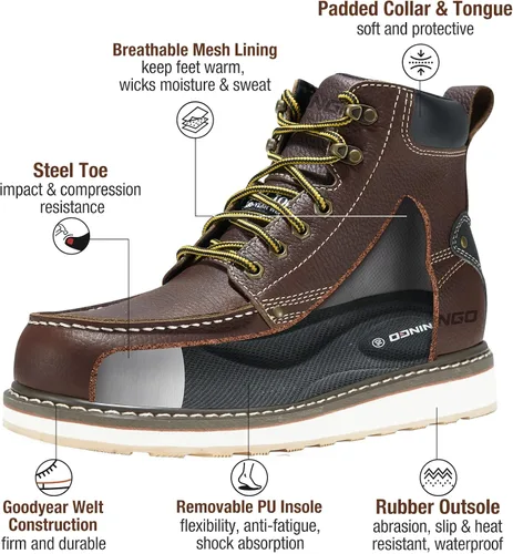Vista 4 de HISEA NINGO Botas de trabajo para hombre, botas de acero y punta suave, 6 pulgadas, resistentes al agua, antideslizantes, zapatos de trabajo
