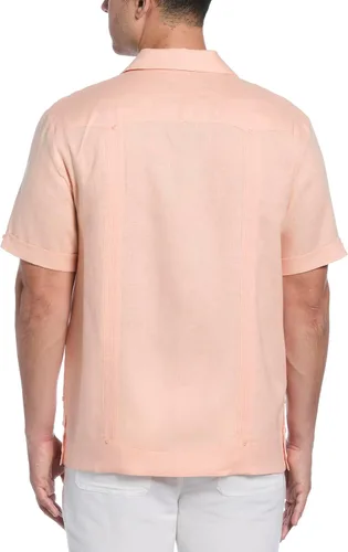 Vista 2 de Cubavera Camisa guayabera de manga corta con botones para hombre, 100% lino, cuatro bolsillos, cuello de campamento, detalle de pintuck, ligera