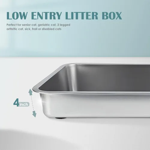 Vista 6 de IKITCHEN Caja de arena de acero inoxidable para gatos, bandeja de arena de metal grande para gatos, caja de arena para gatos nunca absorbe olores