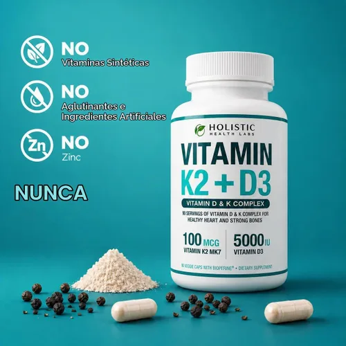 Vista 2 de Vitamina K2 + D3 de absorción máxima (5000UI), 90 cápsulas vegetales de MK-7 (Menaquinona-7) y colecalciferol (con BioPerina) Suministro de 3 meses