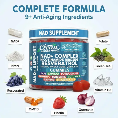 Vista 4 de Gomas de Suplemento Youth Bloom NAD+ con Resveratrol, Fisetin, Germen de Trigo, Berberina, Taurina, Cúrcuma, Colágeno, Astaxantina, Nicotinamida