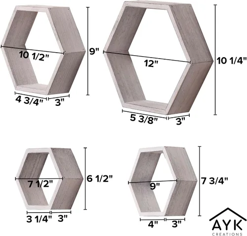 Vista 2 de Estantes hexagonales flotantes o colgantes de doble propósito, juego de 4 estantes hexagonales blancos lavados para pared, estantes flotantes