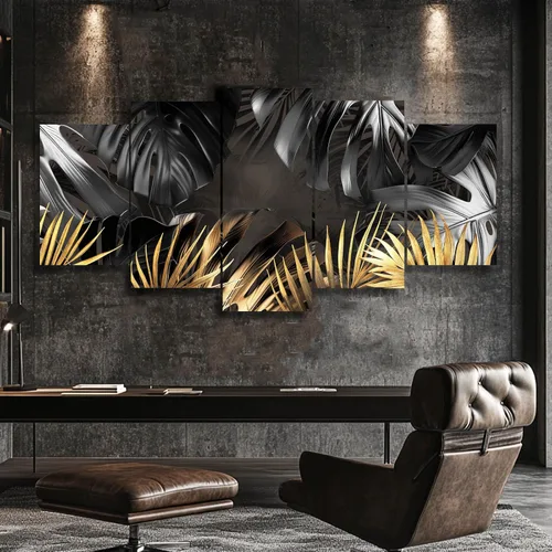Vista 4 de Pintura de hojas negras y doradas, decoración de pared para sala de estar, arte de naturaleza en lienzo, obra de arte moderna, impresiones