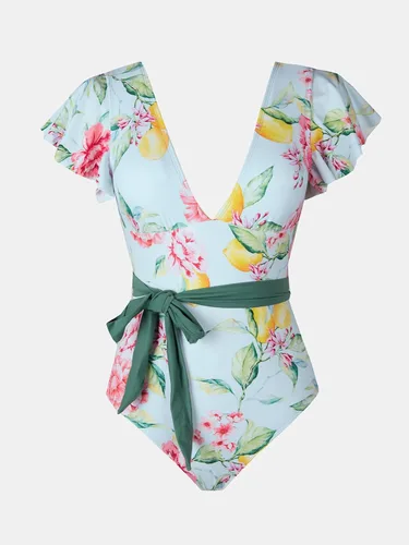 Vista 6 de CUPSHE Traje de baño de una pieza con cuello en V para mujer, estampado floral, con lazo en la cintura extraído
