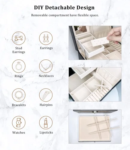 Vista 4 de Caja de almacenamiento de joyas cajas organizadoras de joyas grandes de 3 capas para mujeres y niñas vitrina de joyería de piel sintética con 2