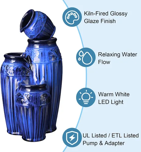 Vista 5 de Glitzhome - Fuente de jardín de 27.25" de alto con luces LED y bomba, fuente de agua para exteriores de 4 niveles con patrón en relieve azul Azul