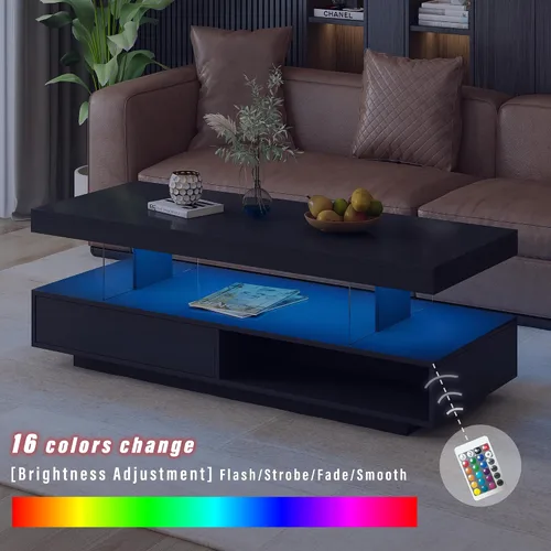 Vista 3 de Polibi Mesa de centro LED con almacenamiento, mesa central moderna con 2 cajones y estantes de exhibición, muebles decorativos con luces LED
